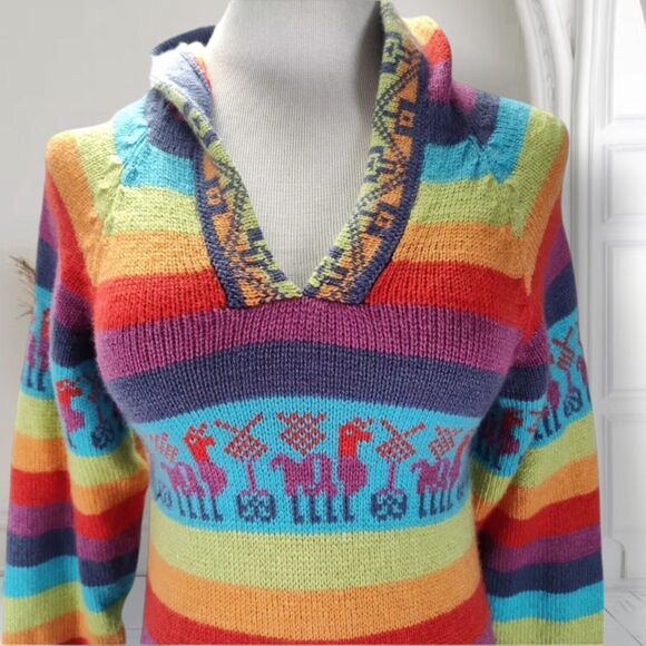 Pachamama Baja Hoodie Sweater Size S Rainbow Alpaca Knit Fringe Trim Peru - Picture 1 of 10